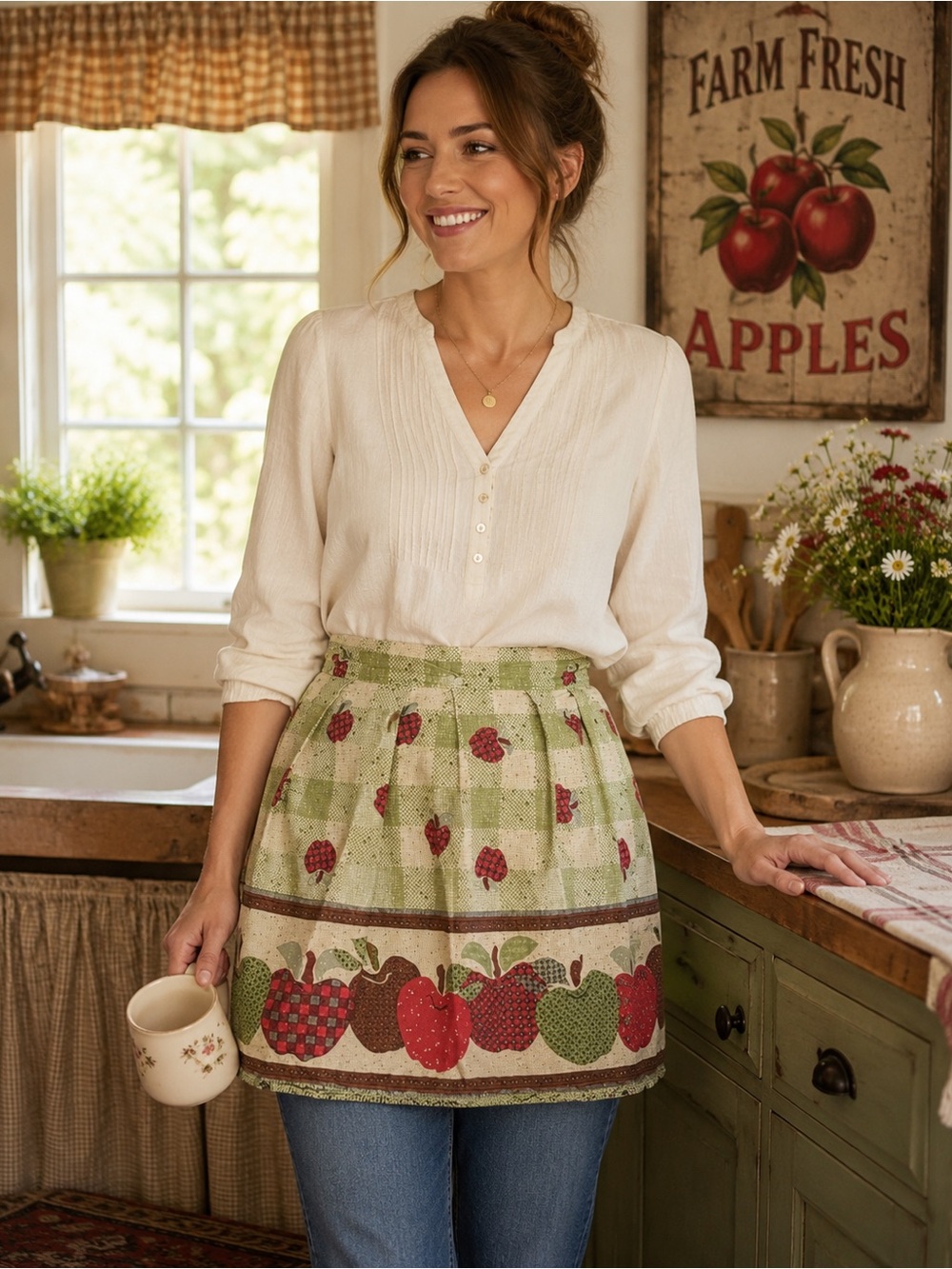 Pleated Apple Print Cotton Half Apron Green/Red Country Gingham Grandmacore
